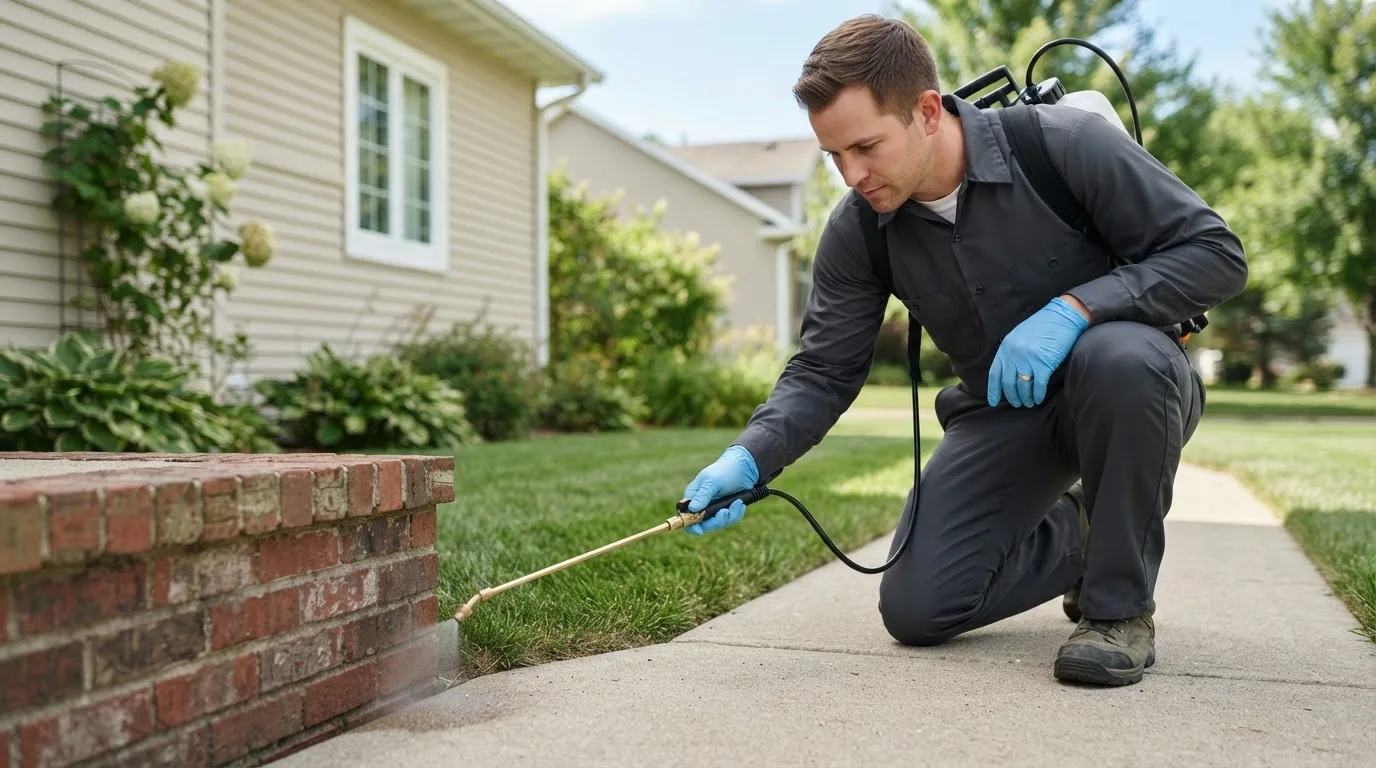 Pest control technician treating a home near Edgartown, MA